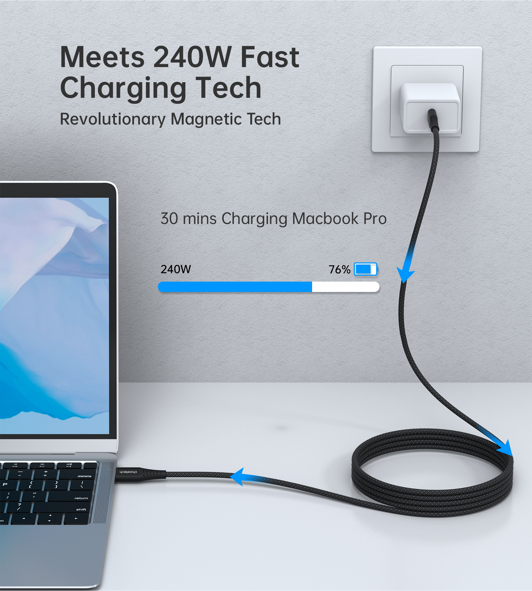 Кабель Choetech PD3.1 240W USB-C to USB-C 1.8M Magnet Cable
 Black (XCC-1051) фото кабеля