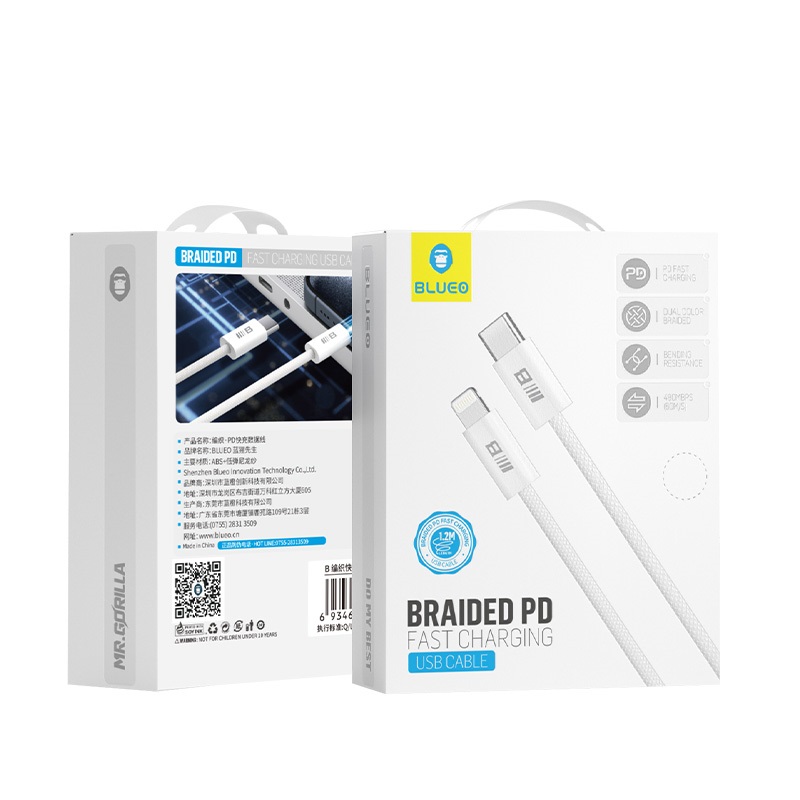 Кабель Blueo Braided PD Fast Charging USB-C to Lightning Cable (1m) White (BT5924CL) фото кабеля