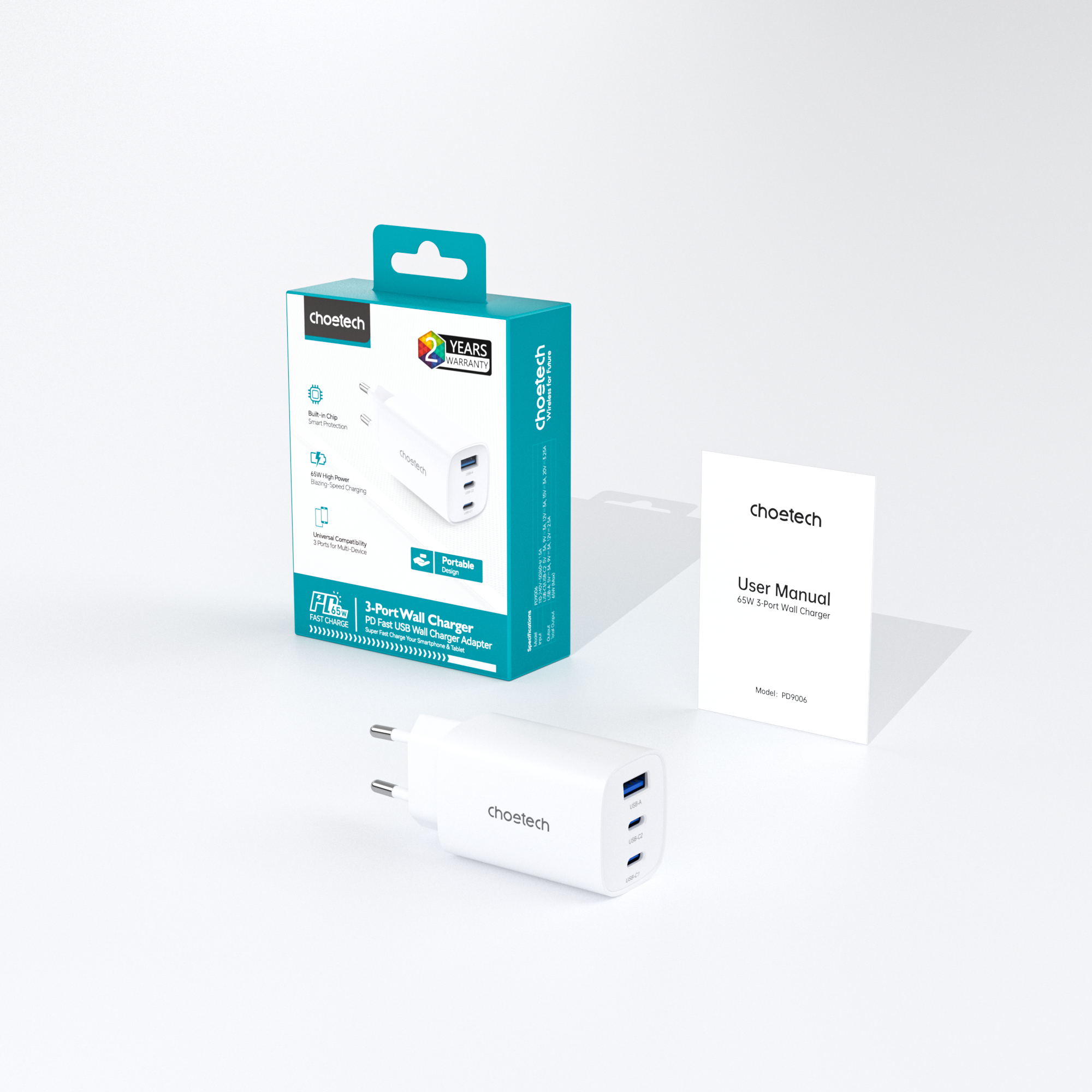 Мережевий зарядний пристрій Choetech GaN PD 65W 3Ports 2*USB-C+A Wall Charger White (PD9006) - фото сетевого зарядного устройства