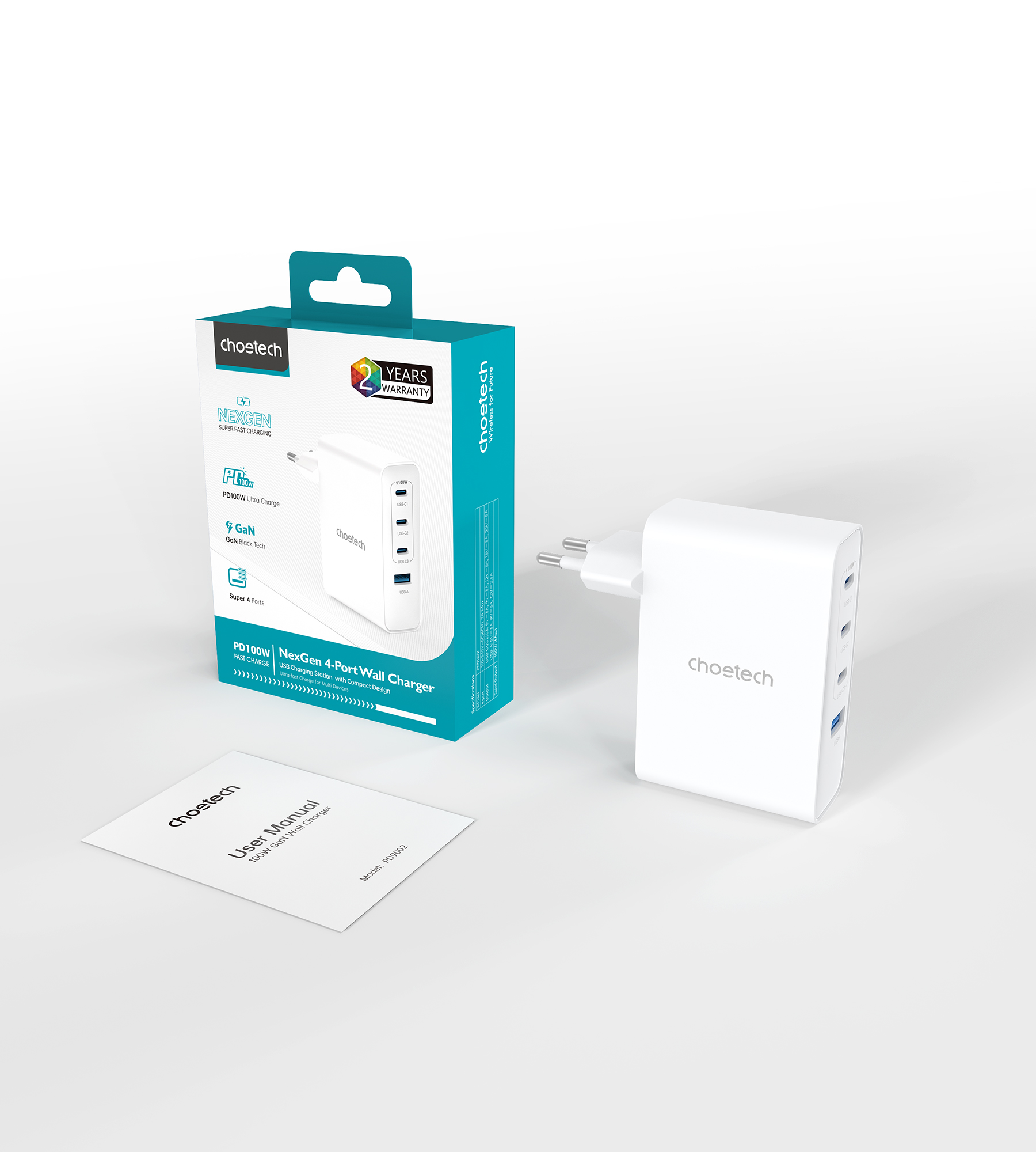 Мережевий зарядний пристрій Choetech GaN PD 100W 4 Ports 3*USB-C+A Wall Charger White (PD9002) - фото сетевого зарядного устройства