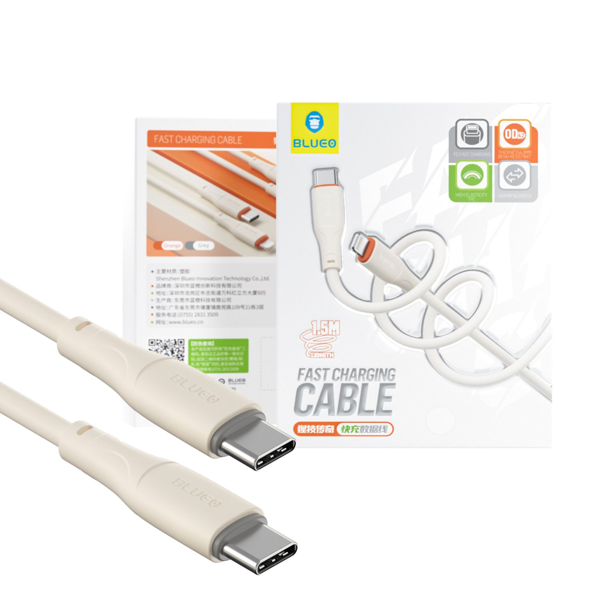 Кабель Blueo Ape Legend USB-C to USB-C Fast Charging Cable Creamy White/Grey (BC5950C-G) фото кабеля