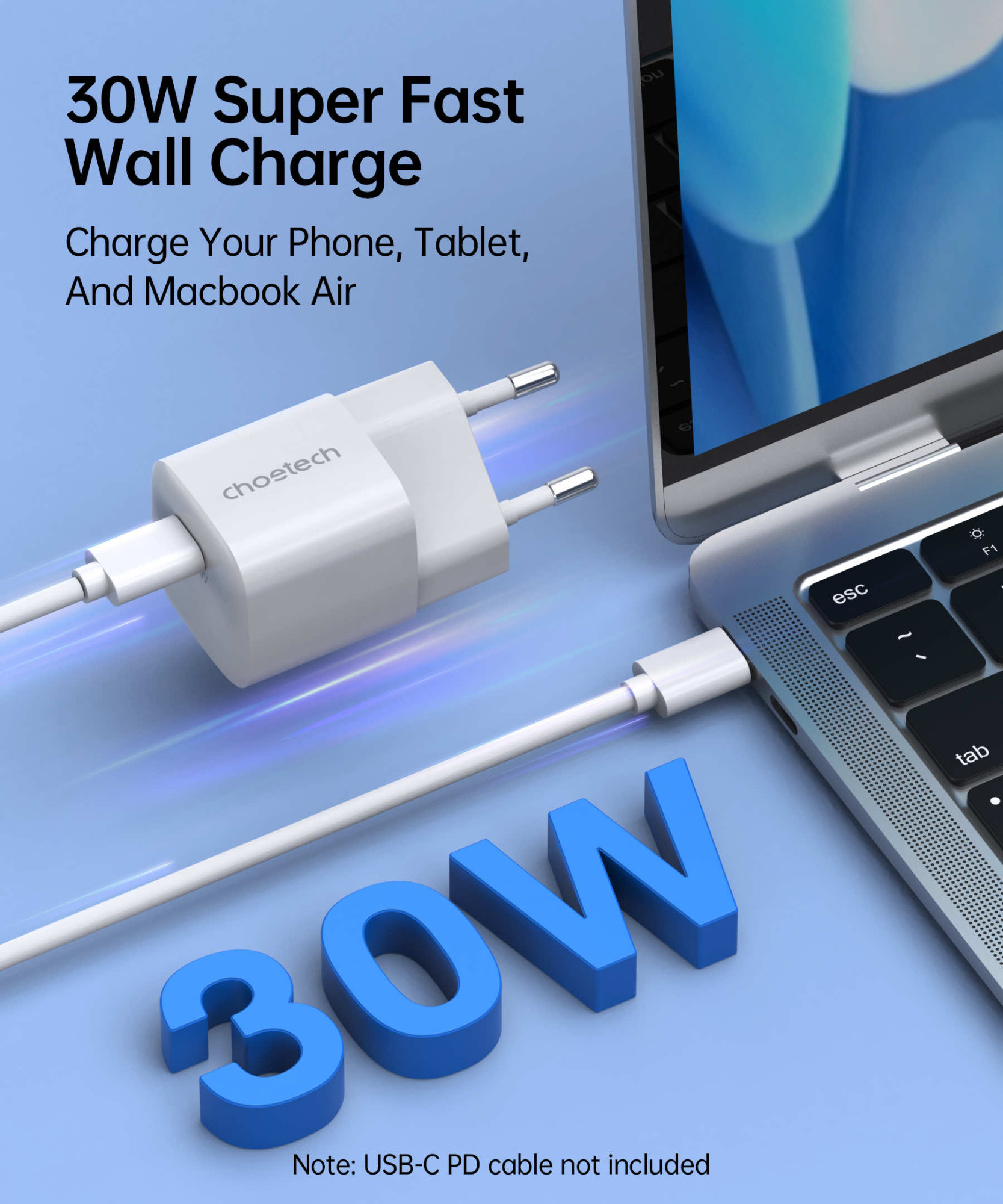 Мережевий зарядний пристрій Choetech GaN PD 30W USB-C Wall Charger White (PD5007-WHT) (PD5007-WHT) - фото сетевого зарядного устройства
