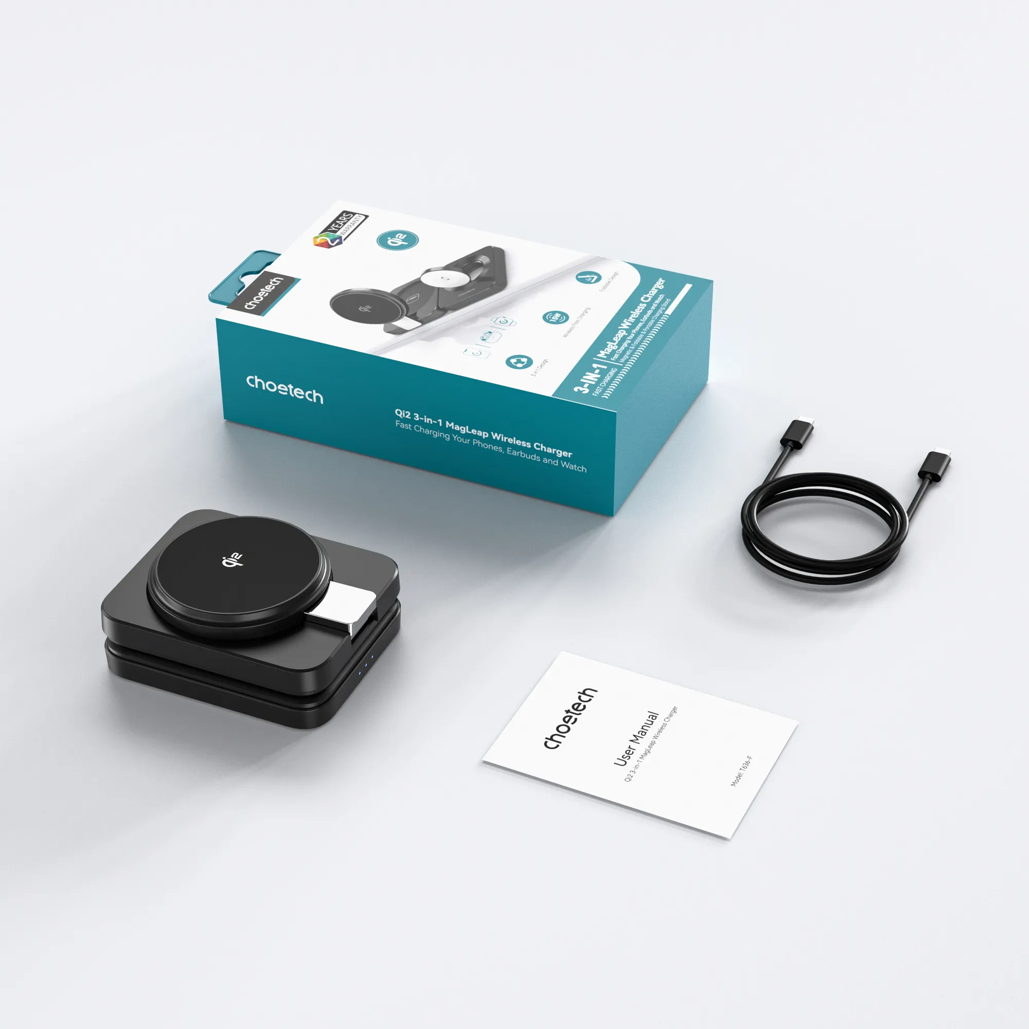 Бездротовий зарядний пристрій Бездротовий зарядний пристрій Choetech Qi2 3-in-1 Foldable Magsafe Wireless Charger (T636-F)