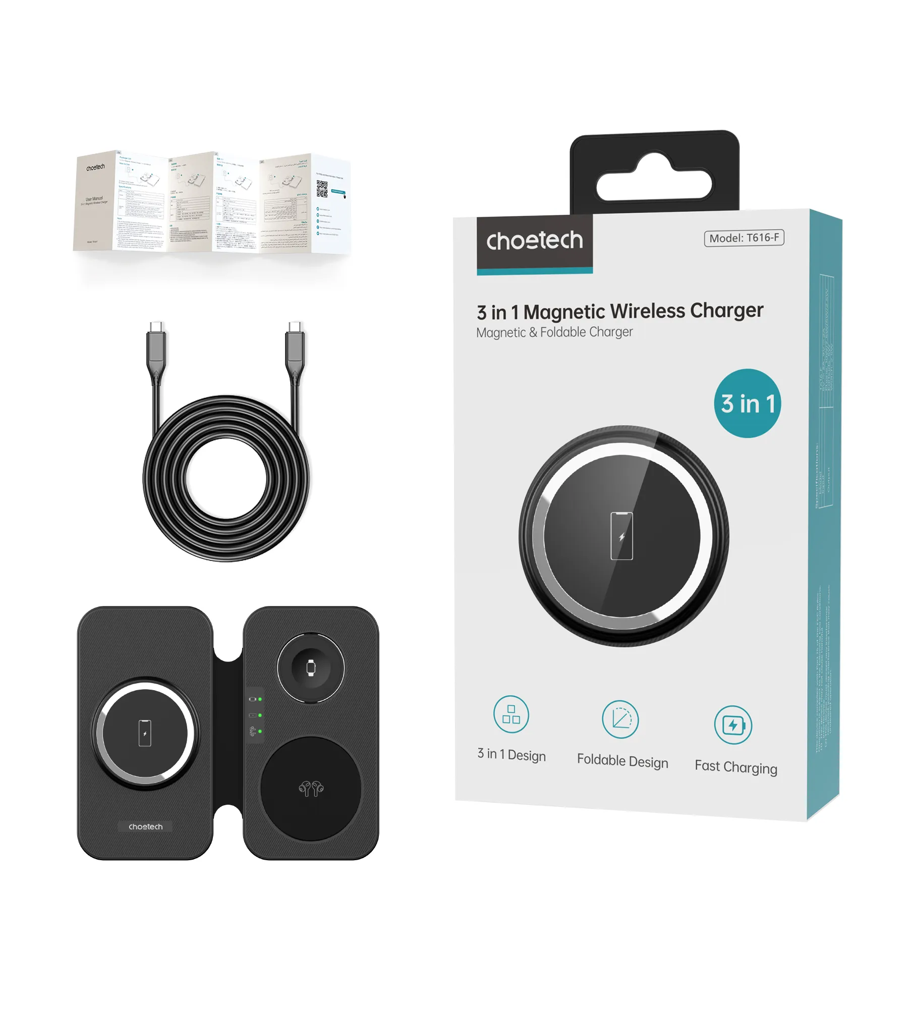 Бездротовий зарядний пристрій Бездротовий зарядний пристрій Choetech 3 in 1 Foldable Travel Charger Pad Black (T616-F-WH)