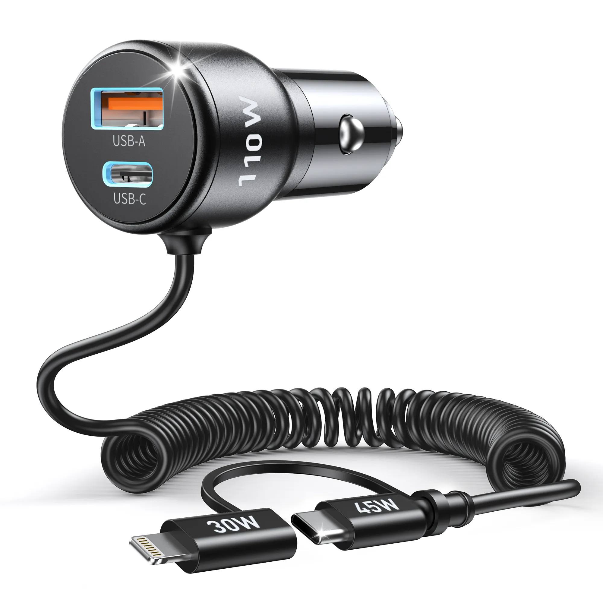 Фото Автомобильное зарядное устройство для Choetech PD 65W USB-C/USB-A Fast Car Charger с растяжным кабелем (TC0038) – зарядка для автомобиля