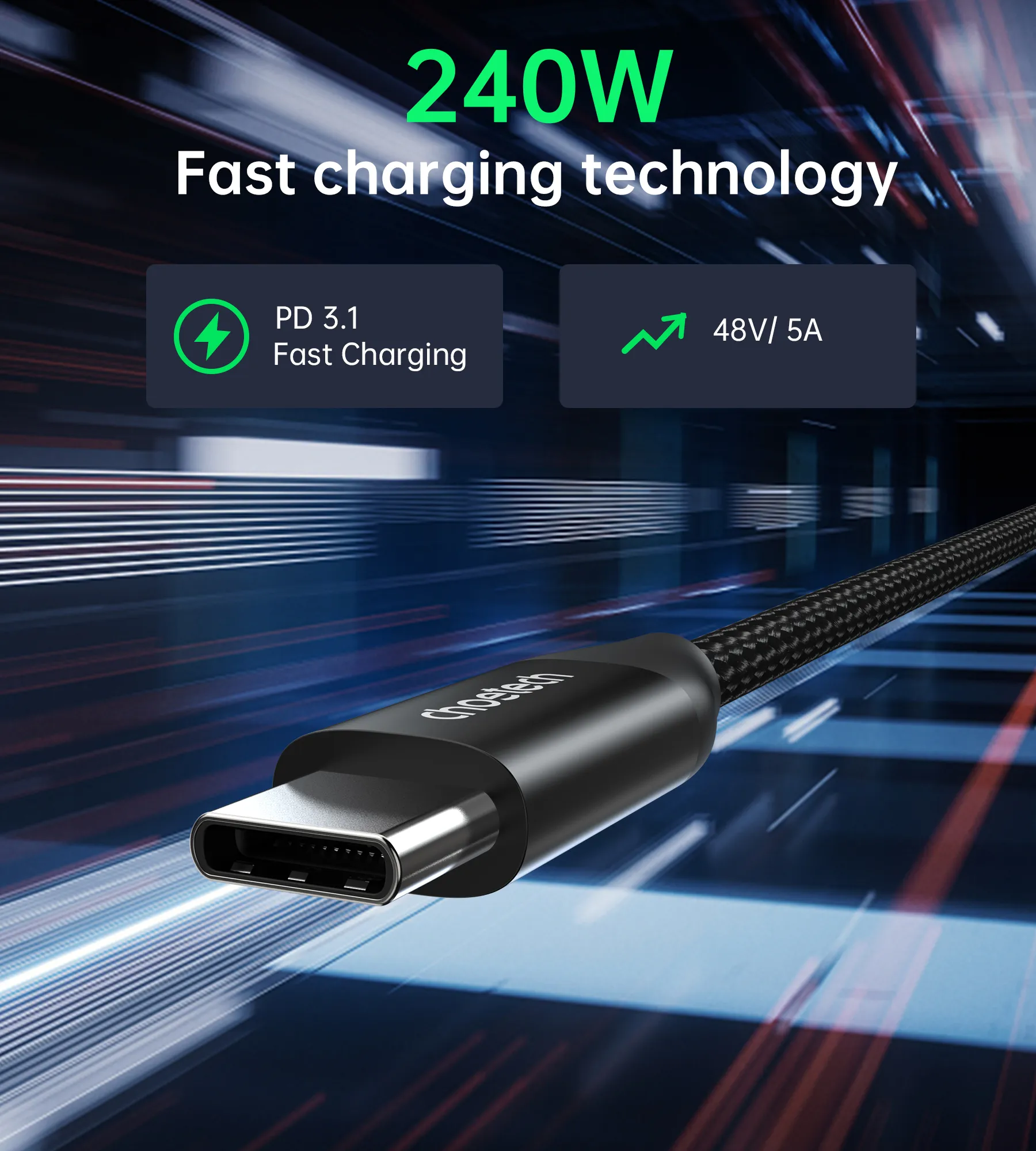 Кабель Choetech USB-C 3.1 240W Cable (2m) Black (XCC-1036) фото кабеля