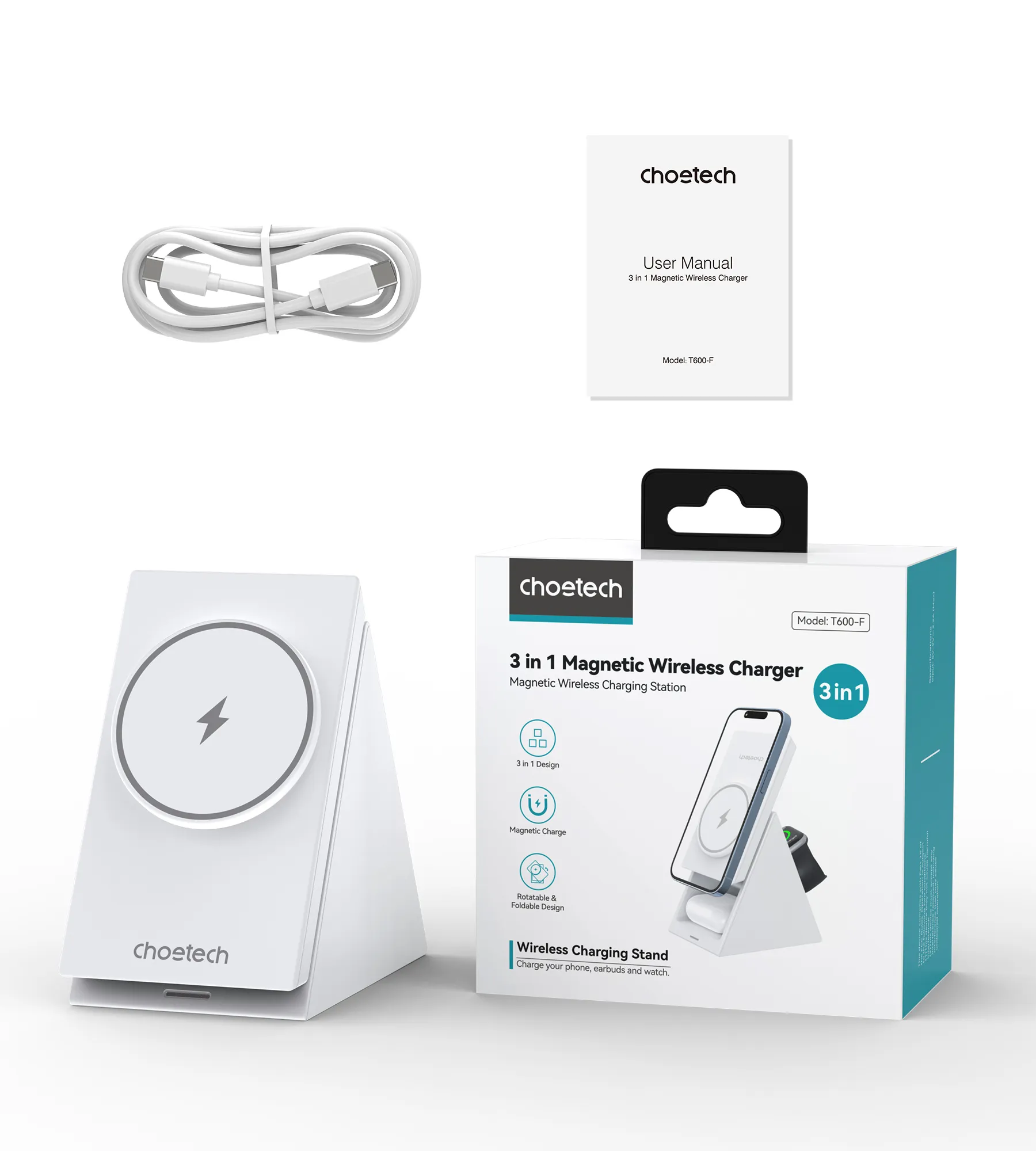 Бездротовий зарядний пристрій Бездротовий зарядний пристрій Choetech 3 in 1 Desktop Charger Stand White (T600-F)