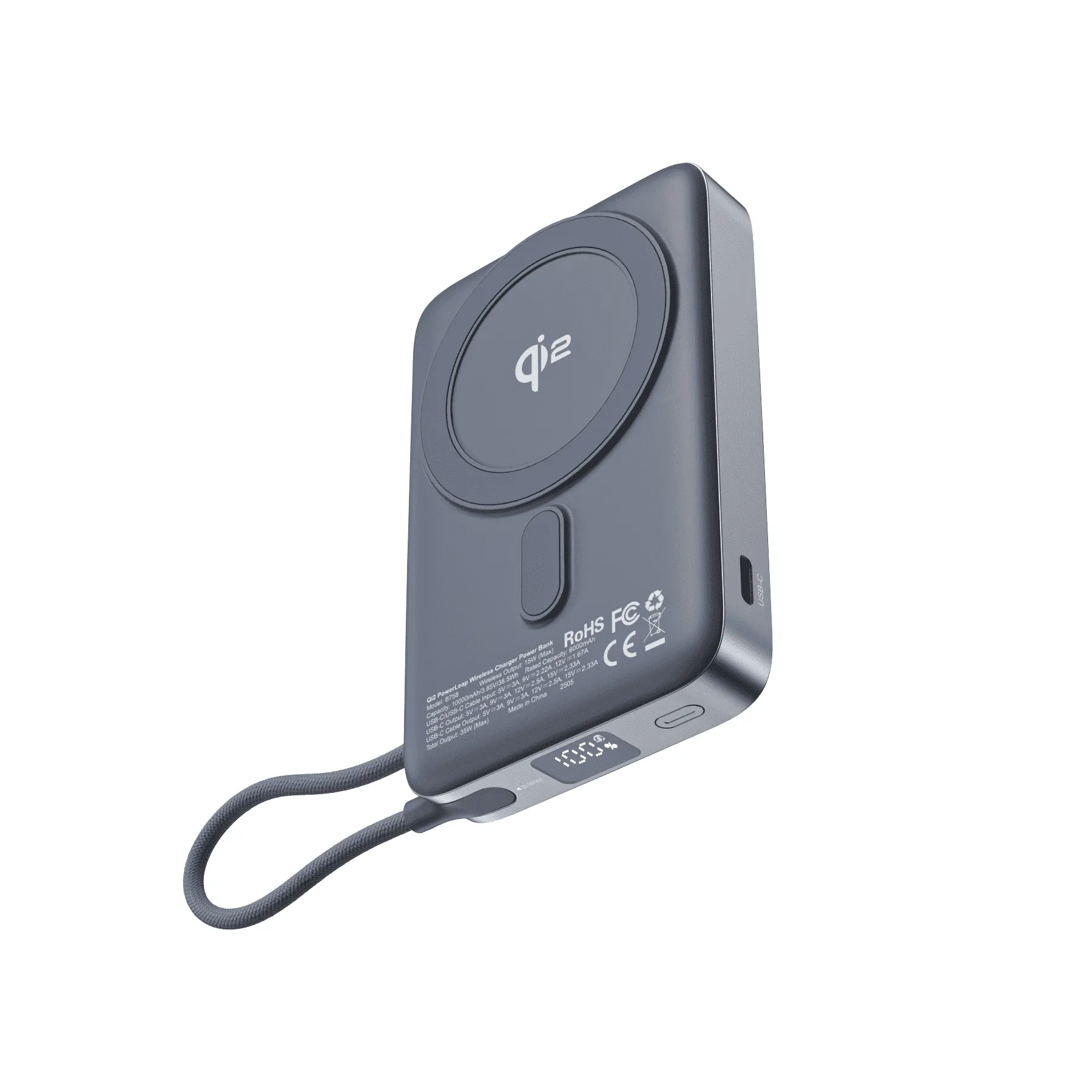 Choetech Qi2 PD35W 10000 mAh Magnetic Power Bank with Type-C cable Out Grey