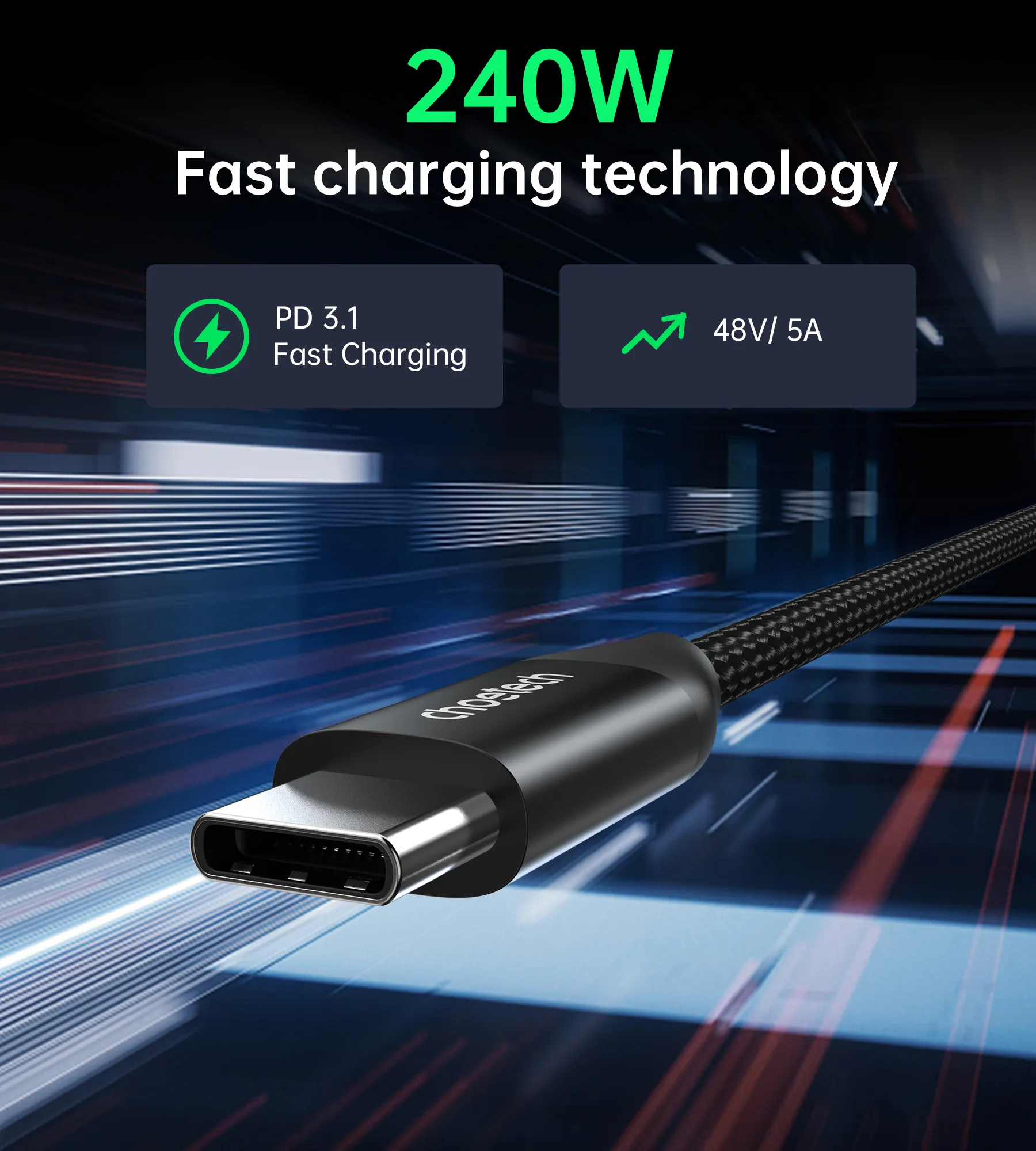 Кабель Choetech USB-C 3.1 240W Cable (1m) Black (XCC-1035) фото кабеля