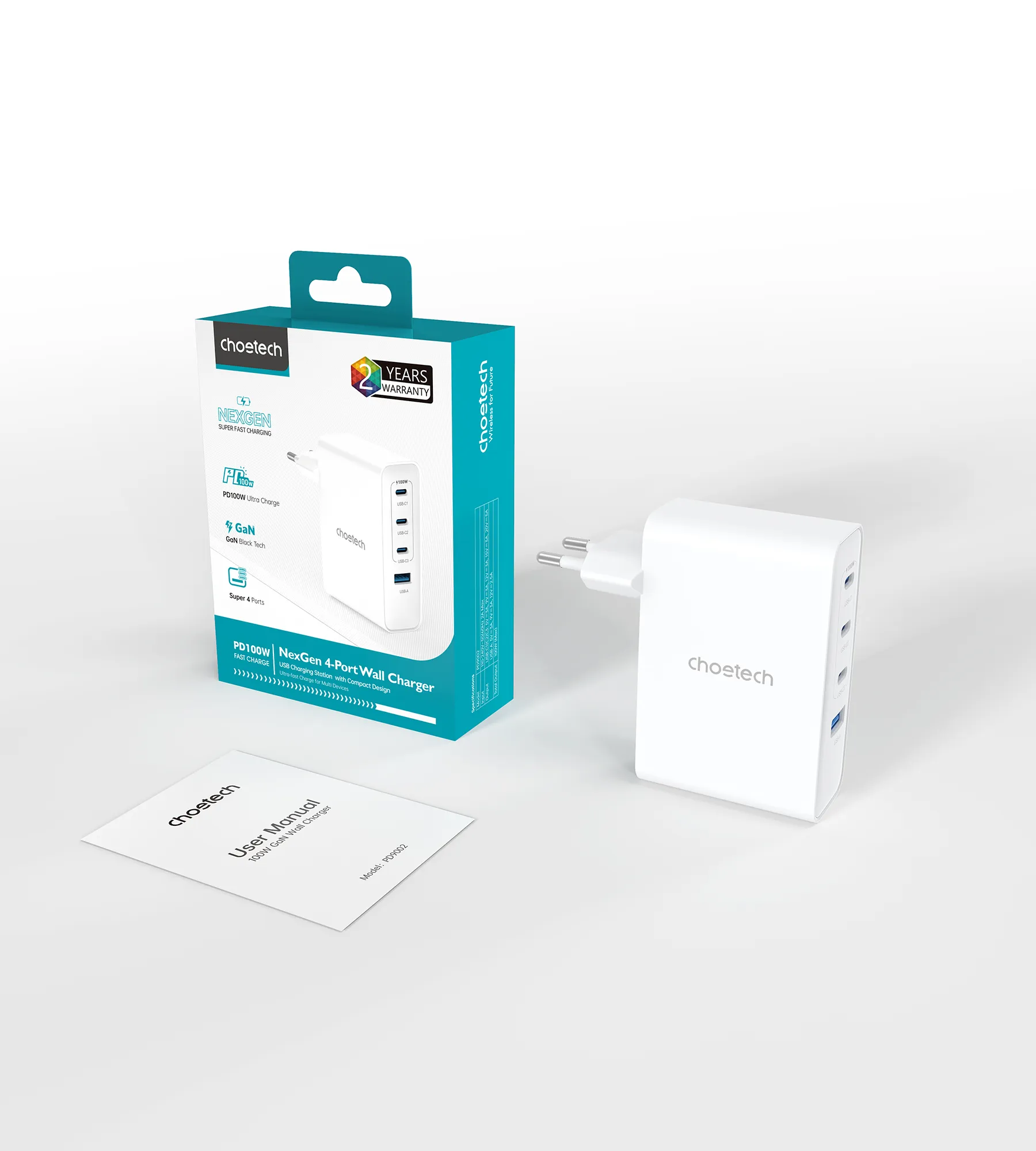 Мережевий зарядний пристрій Choetech GaN PD 100W 4 Ports 3*USB-C+A Wall Charger White (PD9002) - фото сетевого зарядного устройства
