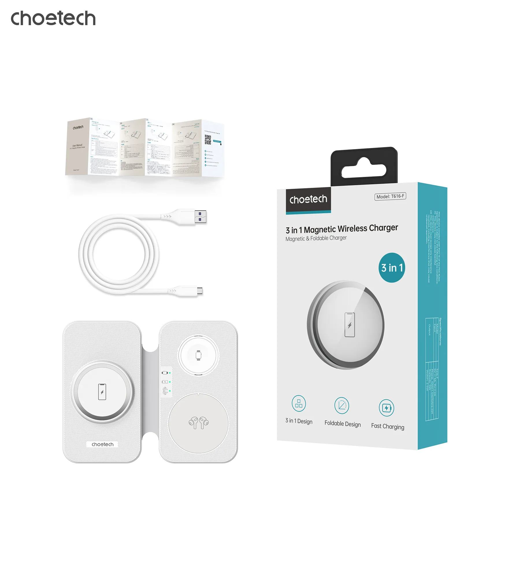 Бездротовий зарядний пристрій Бездротовий зарядний пристрій Choetech 3 in 1 Foldable Travel Charger Pad White (T616-F-BK)